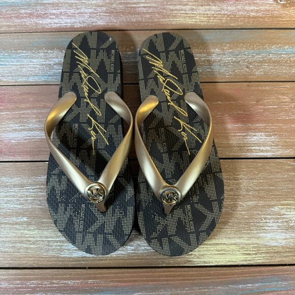 Women's Michael Kors Jet Set Signature Flip Flops Brown/Gold Logo Size 6 - Picture 7 of 12